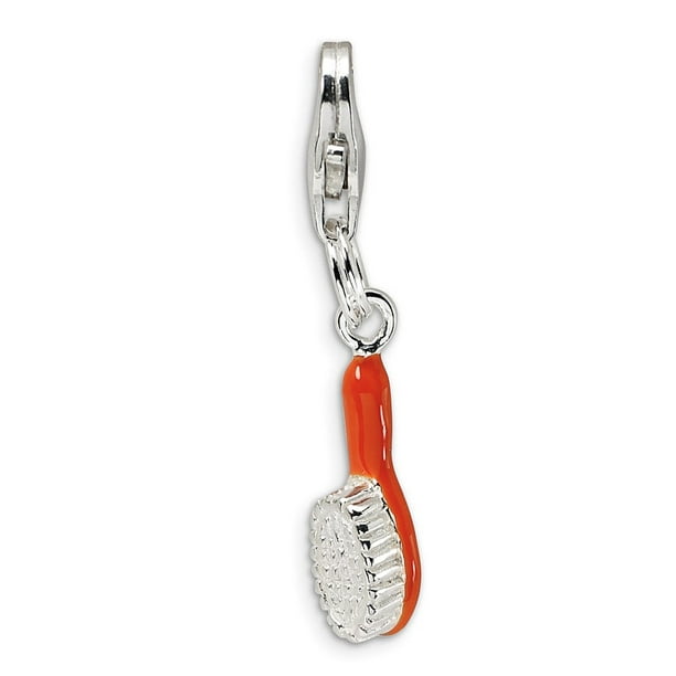 5mm x 37mm Jewel Tie 925 Sterling Silver Orange Enameled Hair Brush with Lobster Clasp Pendant Charm 